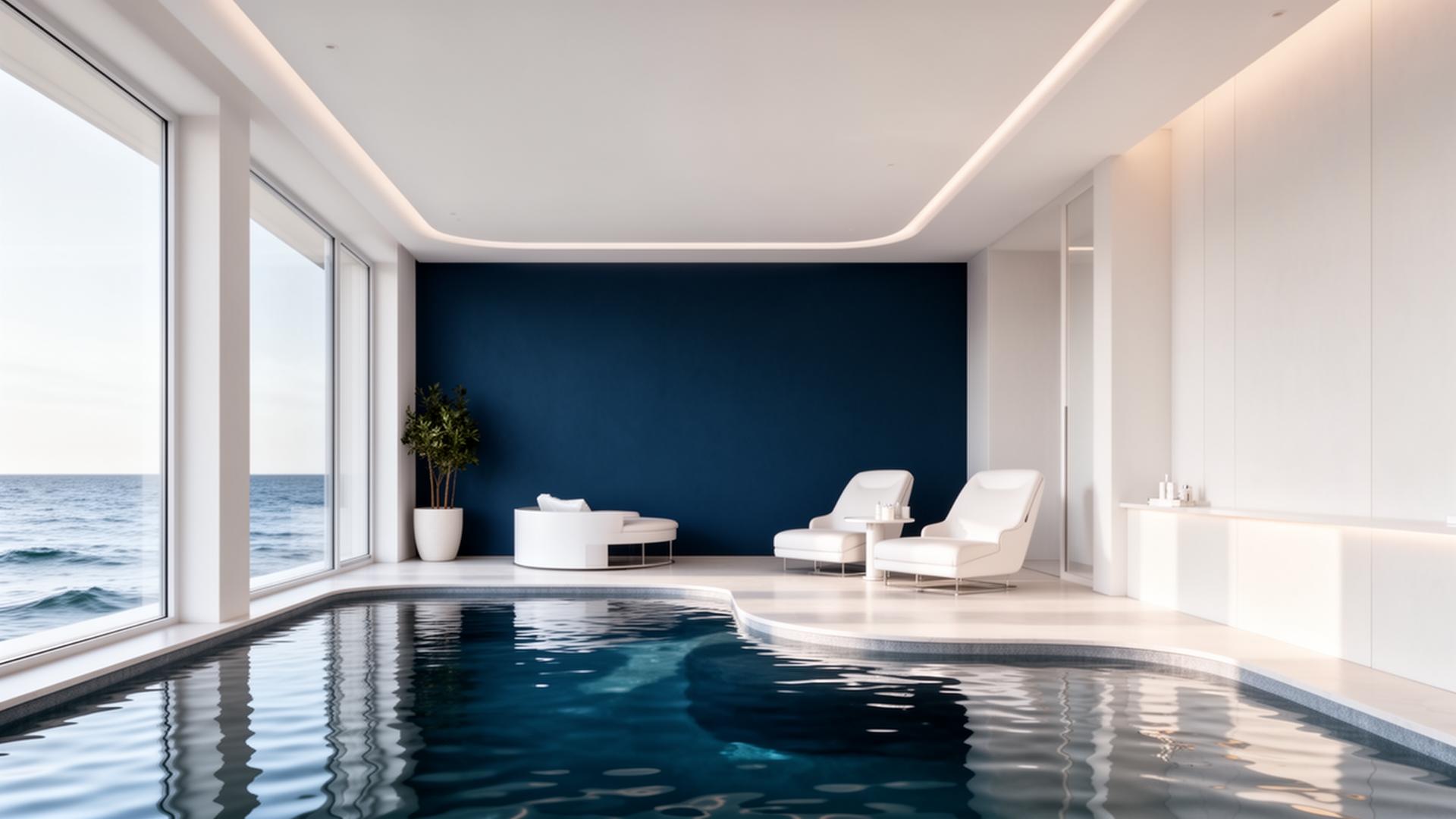Serene upscale medical spa interior with an indoor pool overlooking the ocean