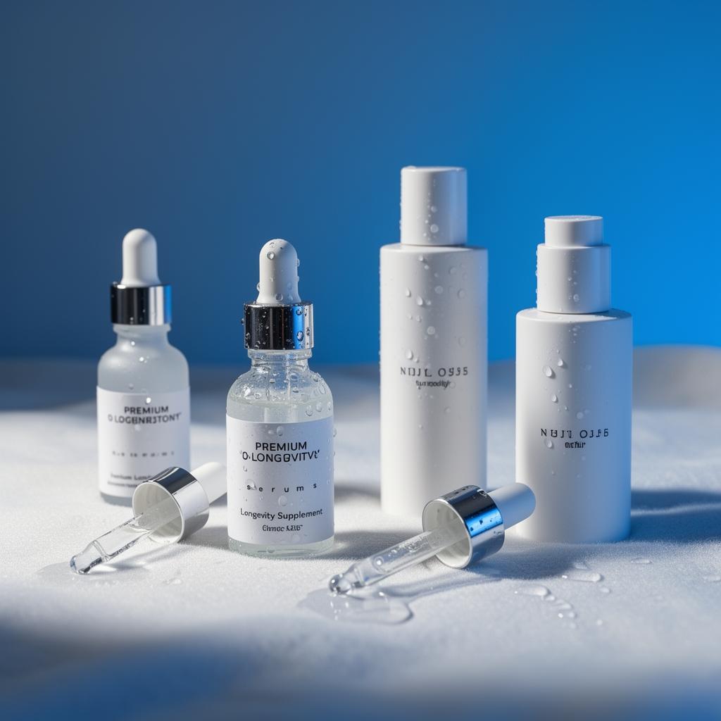 Premium longevity supplements and serums arranged on a soft surface